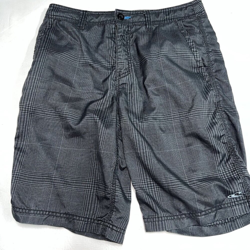 Oneill Mens Hybrid Swim Shorts Size 30 Surf Board Black Charcoal Gray Plaid 10in